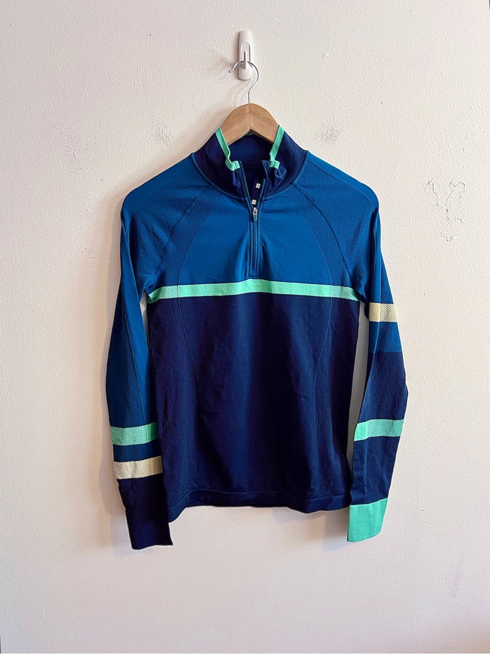 Sweaty Betty Navy & Green Seamless Quarter-Zip Pullover